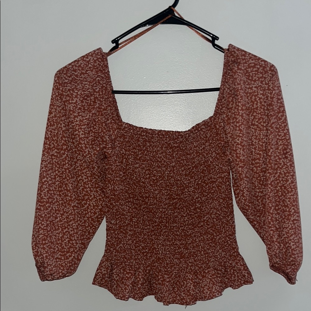 Paper Crane Orange- brown Smocked Peplum Blouse Puff Sleeve